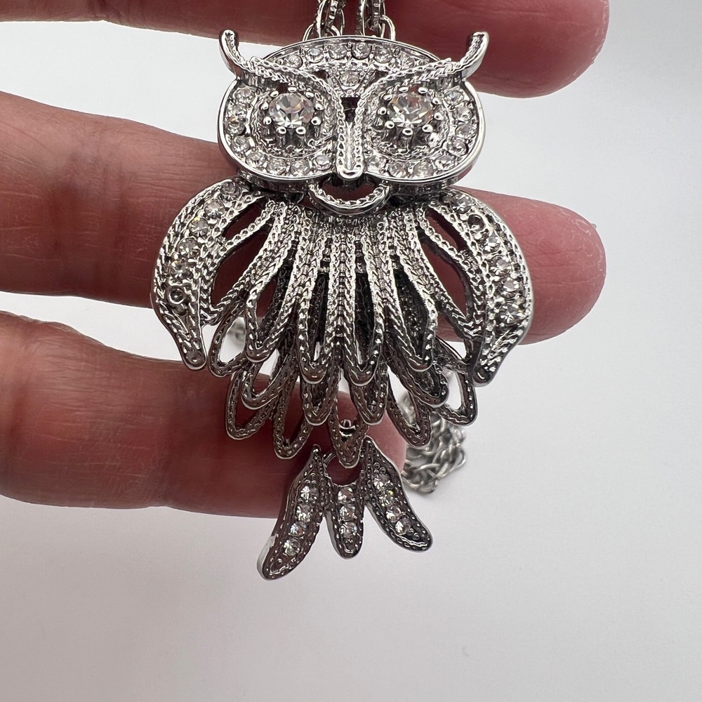 Silver Tone Owl Pendant Necklace Rhinestone Crystal Statement Jewelry